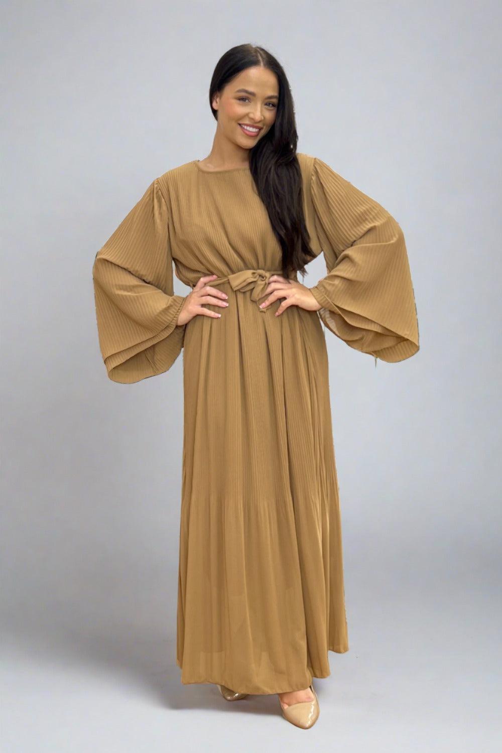 Double Layered Sleeves Plisse Modest Dress