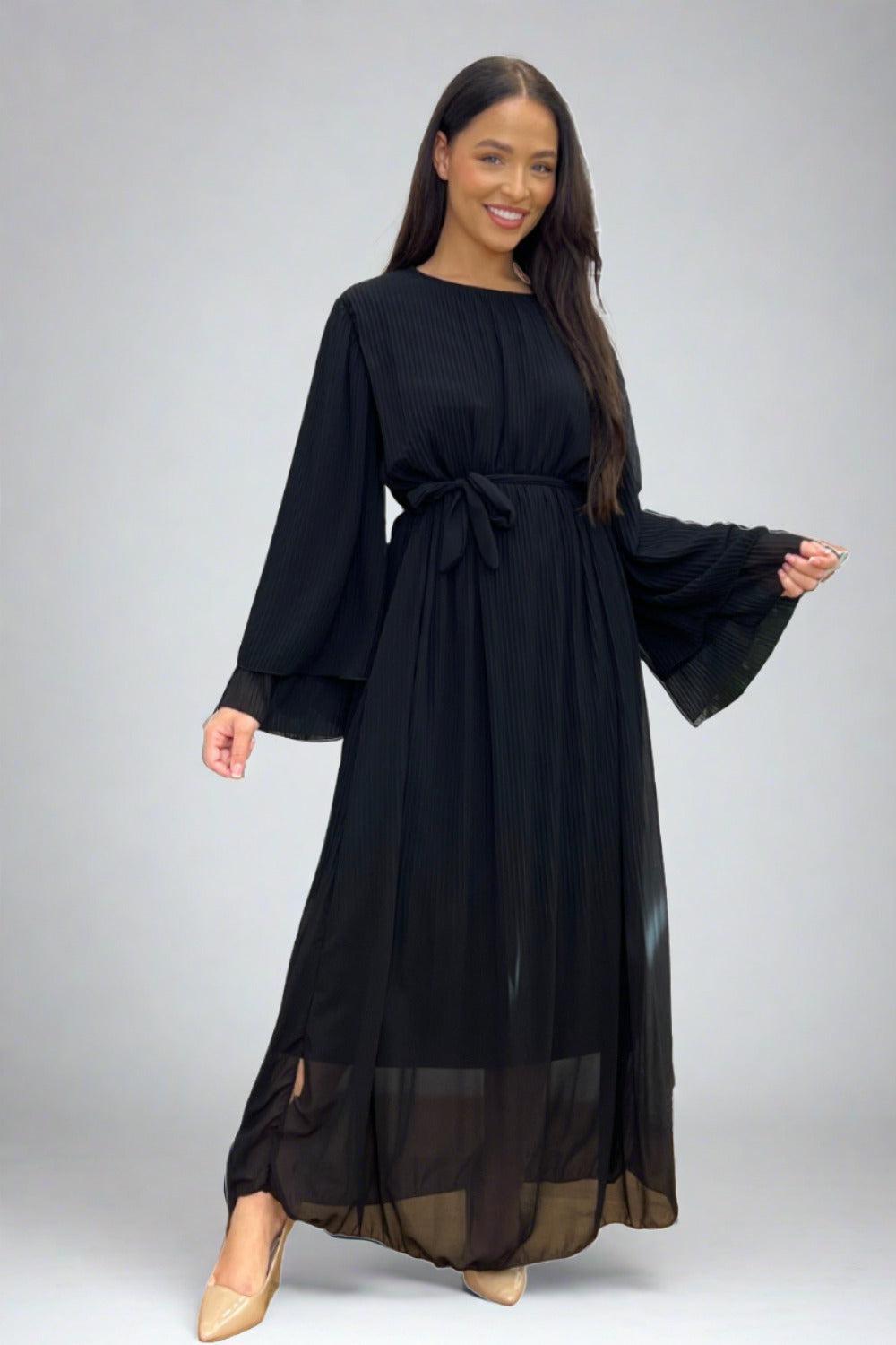 Double Layered Sleeves Plisse Modest Dress