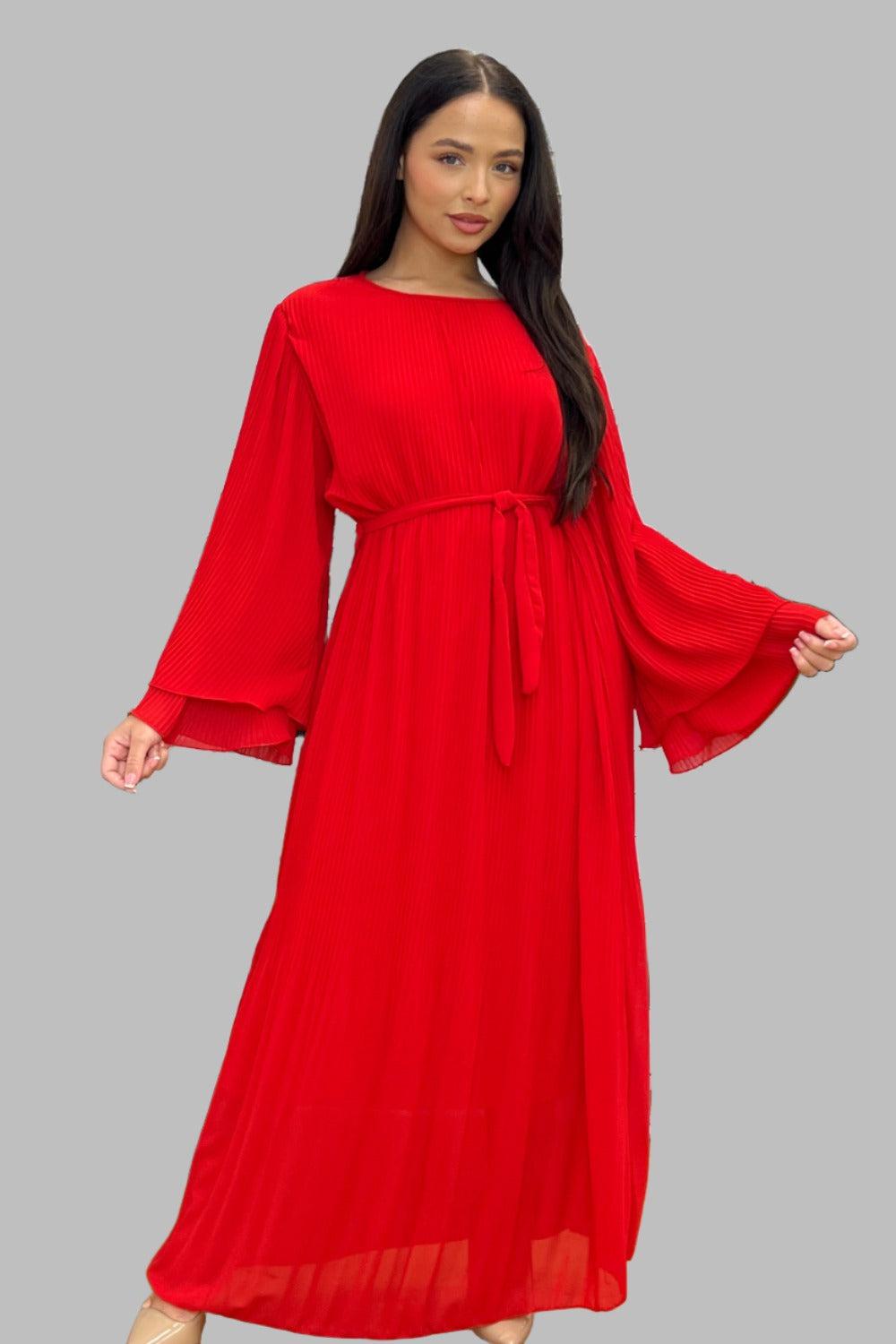 Double Layered Sleeves Plisse Modest Dress