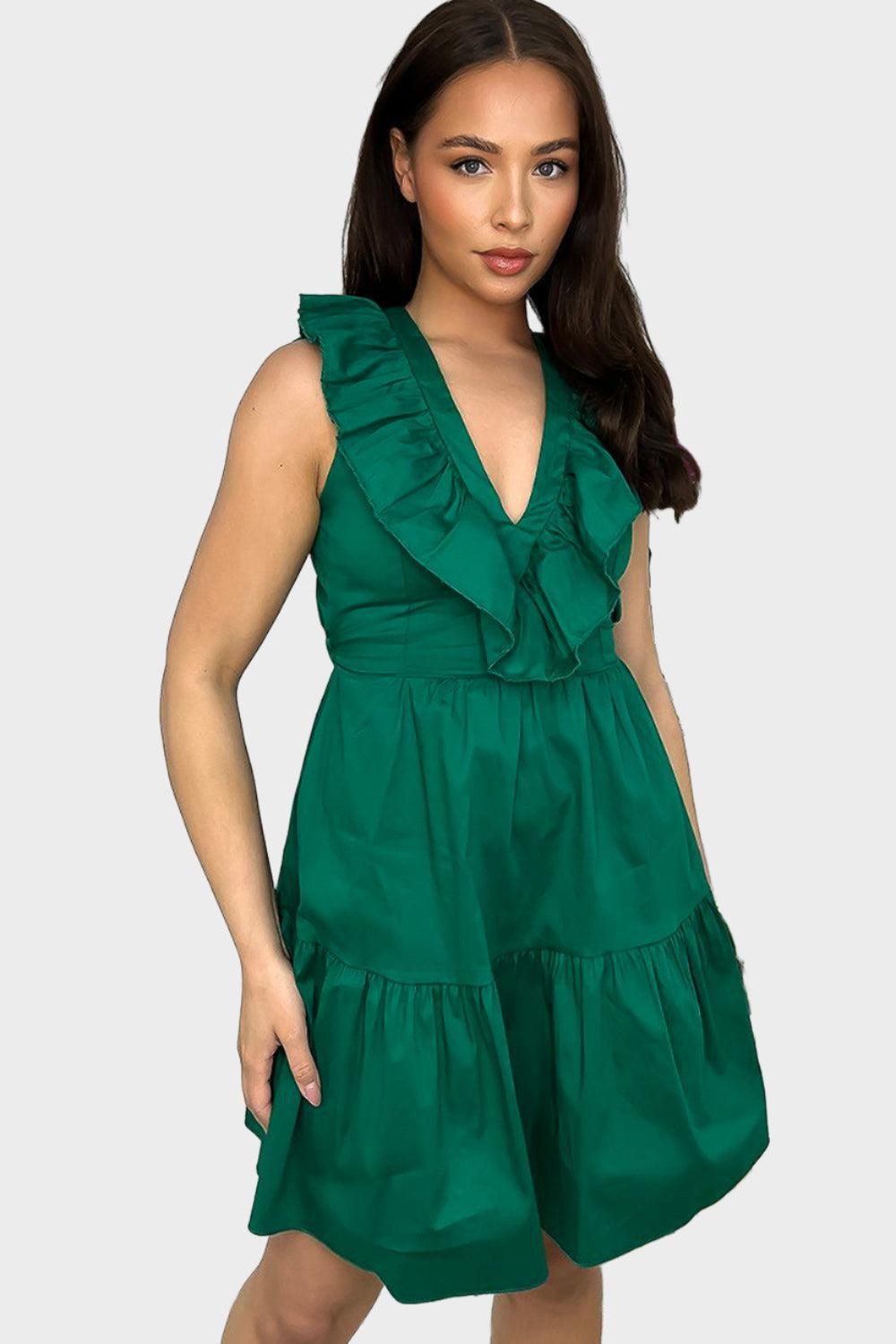 Cotton Sleeveless Frilled Strappy Back Dress-SinglePrice