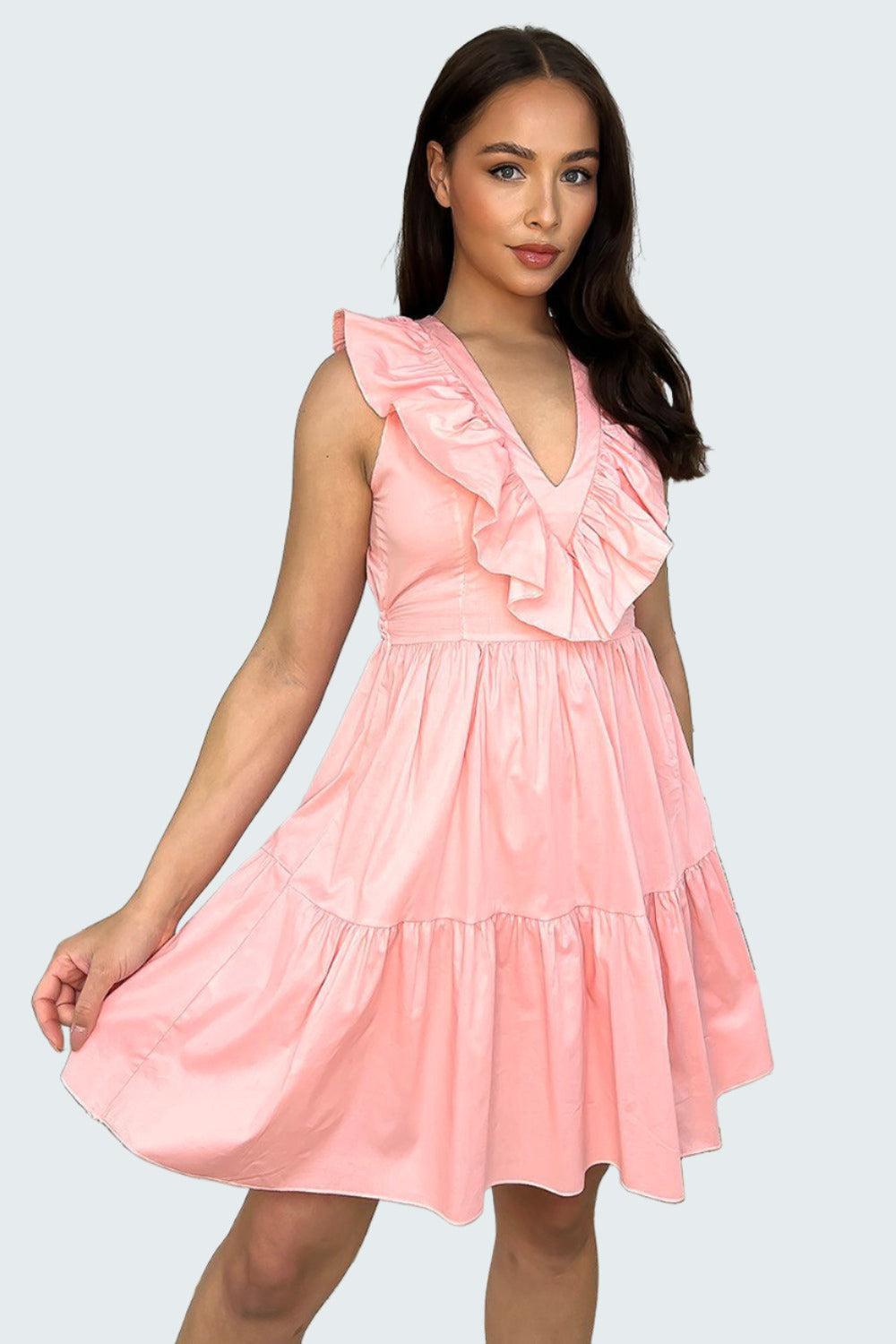 Cotton Sleeveless Frilled Strappy Back Dress-SinglePrice