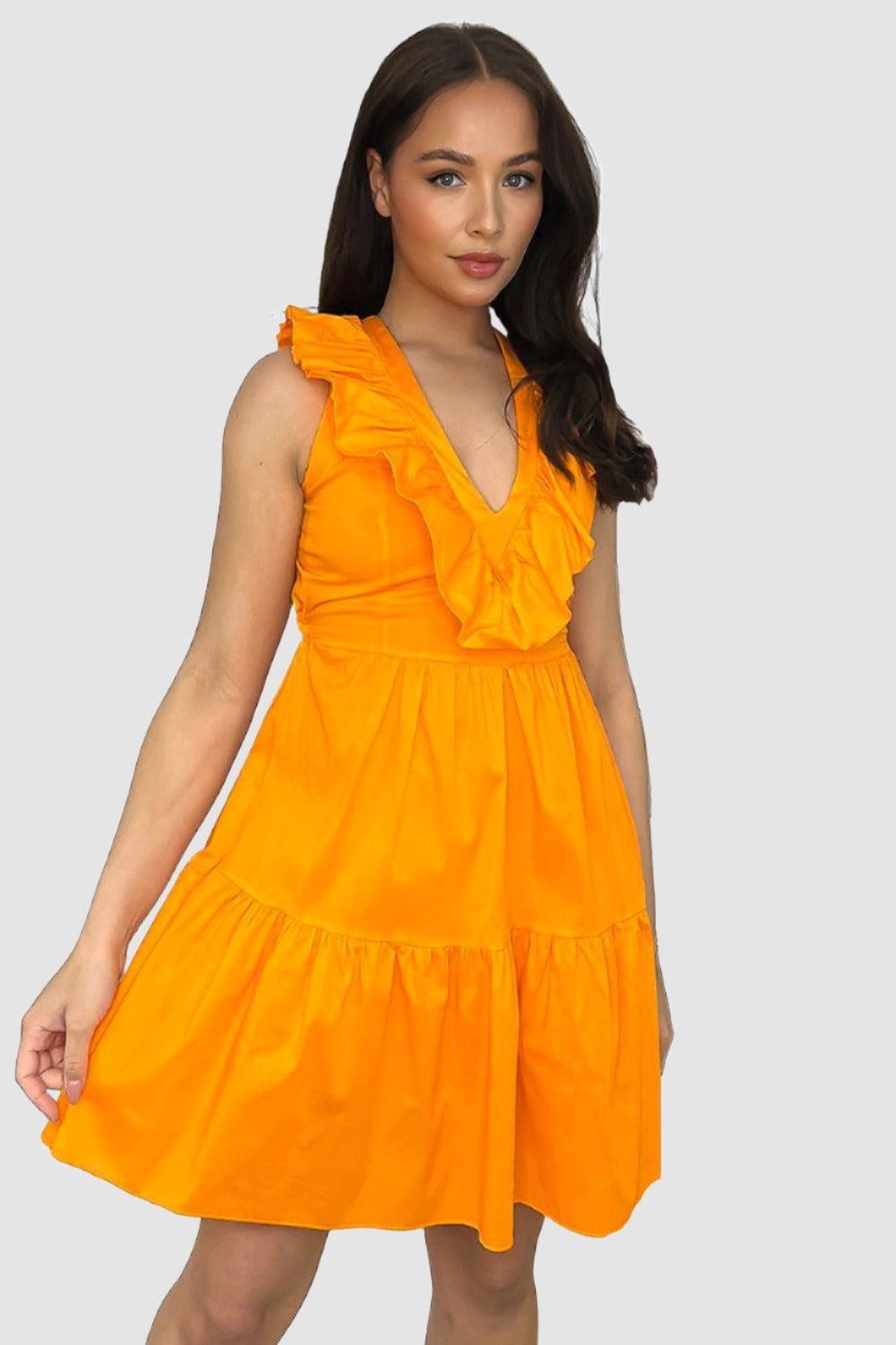 Cotton Sleeveless Frilled Strappy Back Dress-SinglePrice