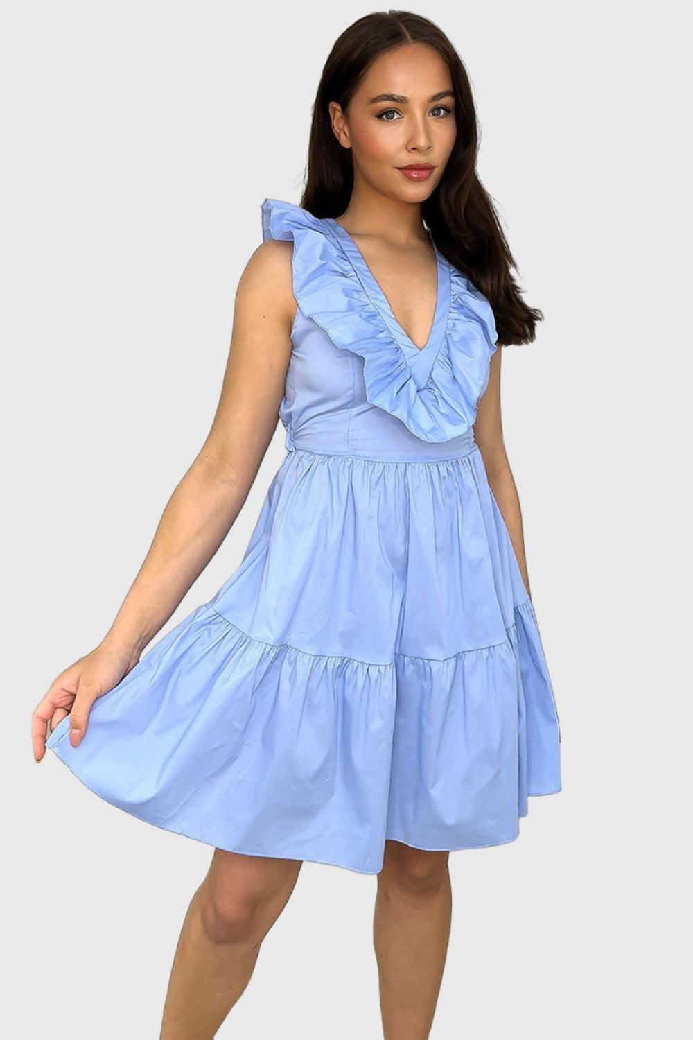 Cotton Sleeveless Frilled Strappy Back Dress-SinglePrice