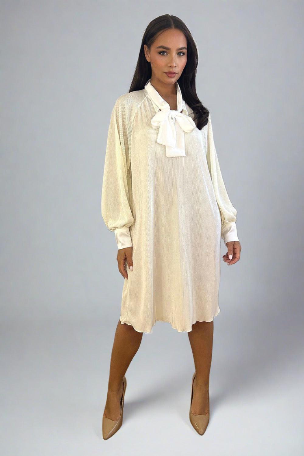 Plisse Chiffon Neck Bow Dress-SinglePrice
