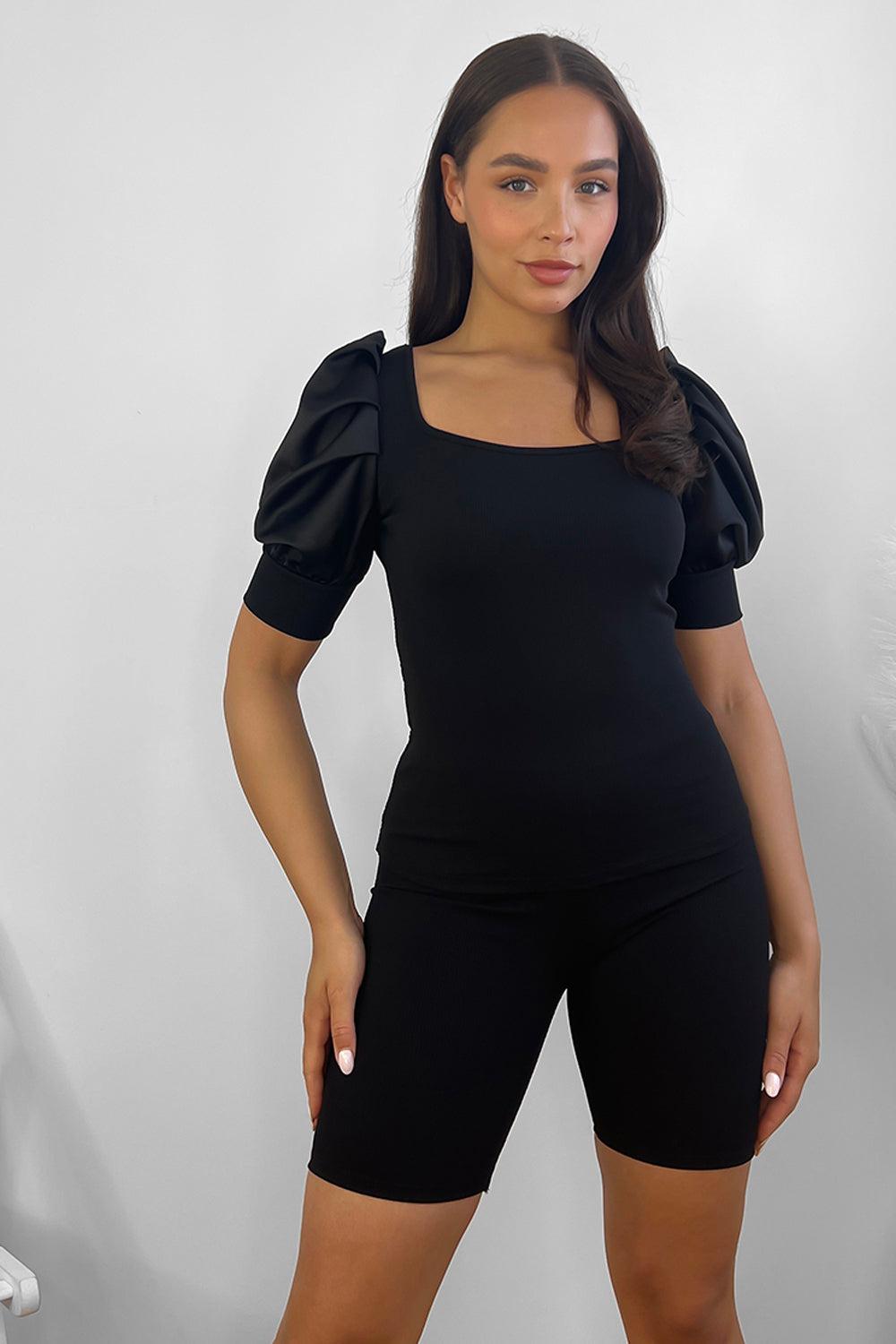 Puff Sleeve Top And Cycling Shorts Set-SinglePrice