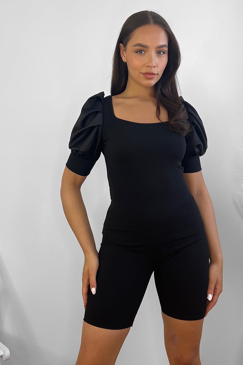 Puff Sleeve Top And Cycling Shorts Set-SinglePrice