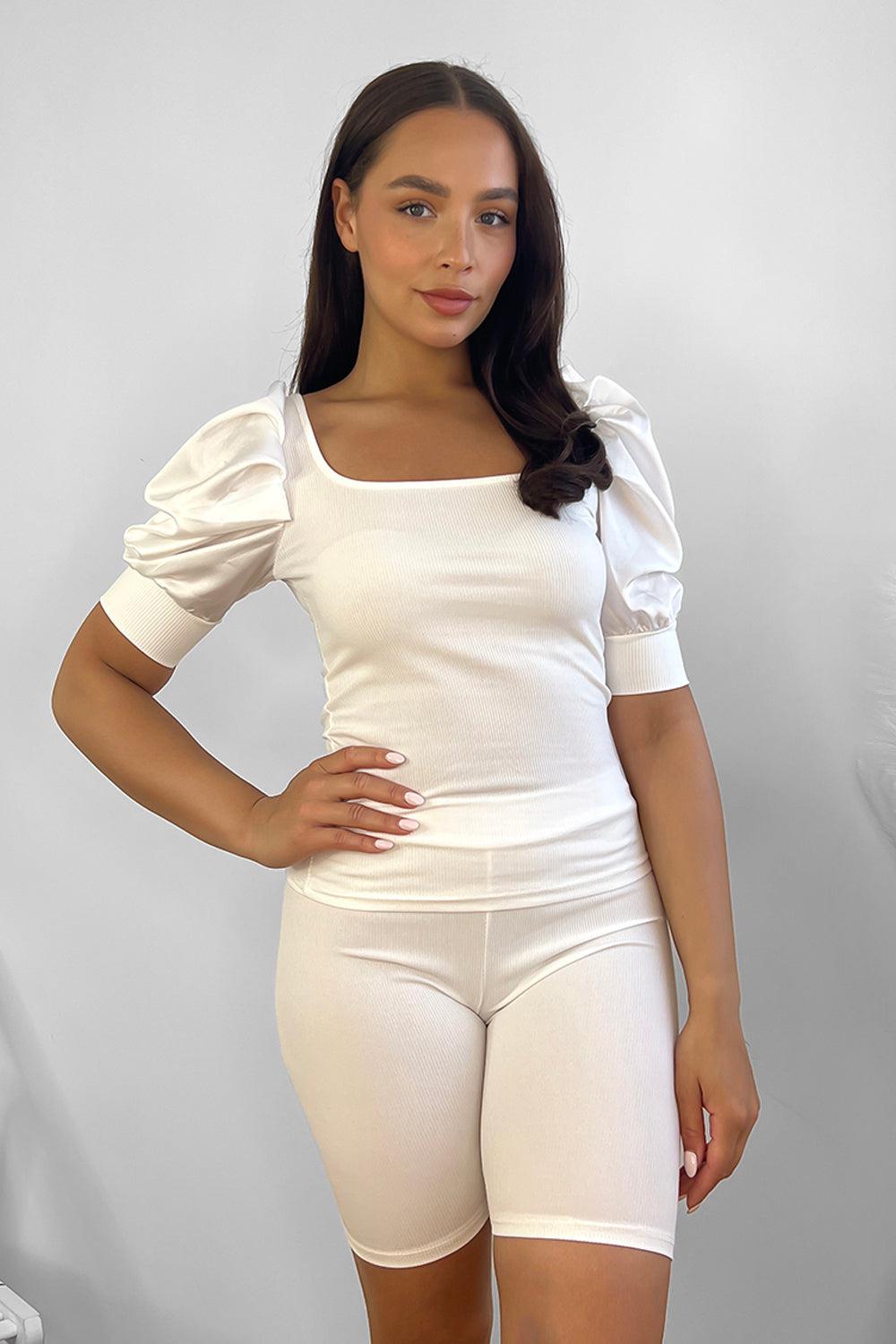 Puff Sleeve Top And Cycling Shorts Set-SinglePrice
