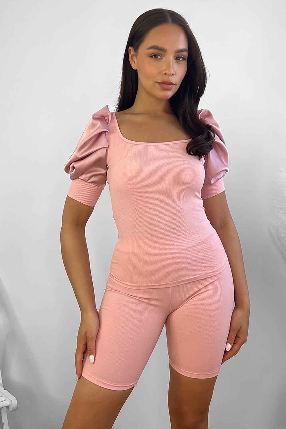 Puff Sleeve Top And Cycling Shorts Set-SinglePrice