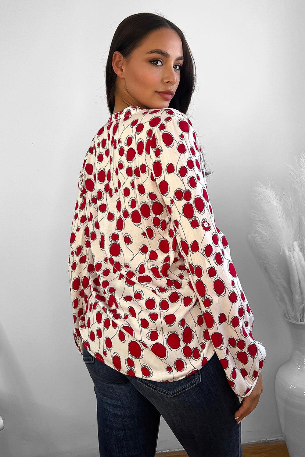 White In Abstract Red Dots Blouse-SinglePrice
