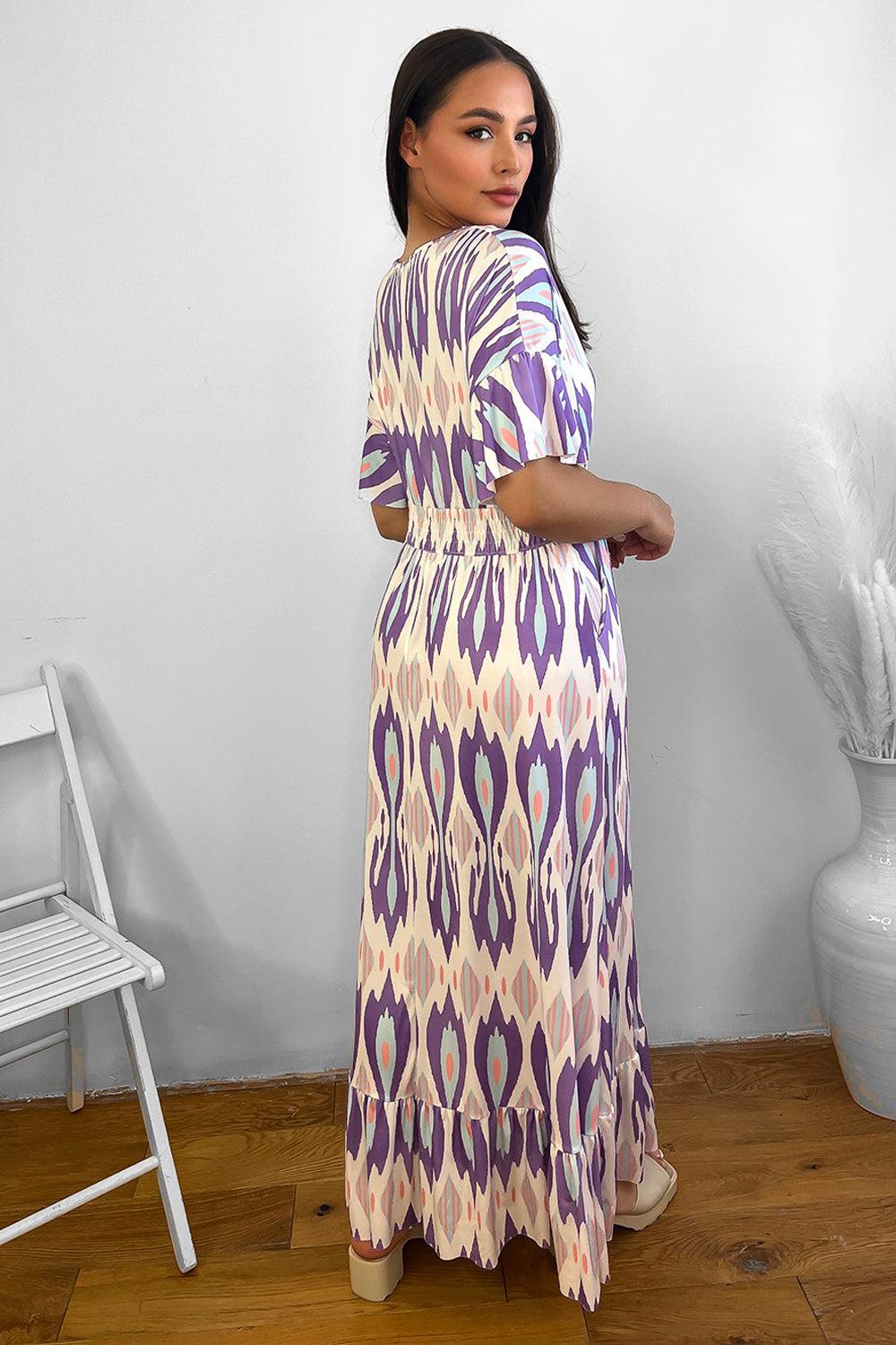 Purple Kaleidoscope Print Shirred Waist Maxi Dress-SinglePrice