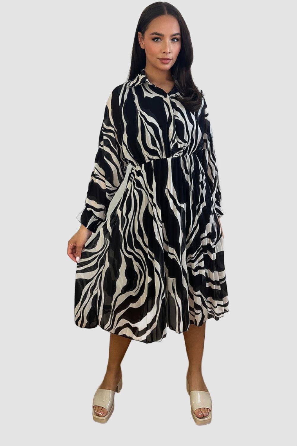 Abstract Zebra Print V-Neck Midi Dress-SinglePrice
