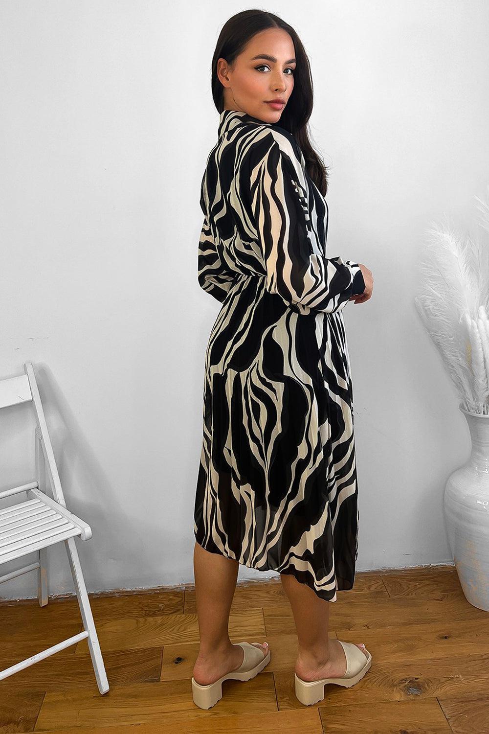 Abstract Zebra Print V-Neck Midi Dress-SinglePrice