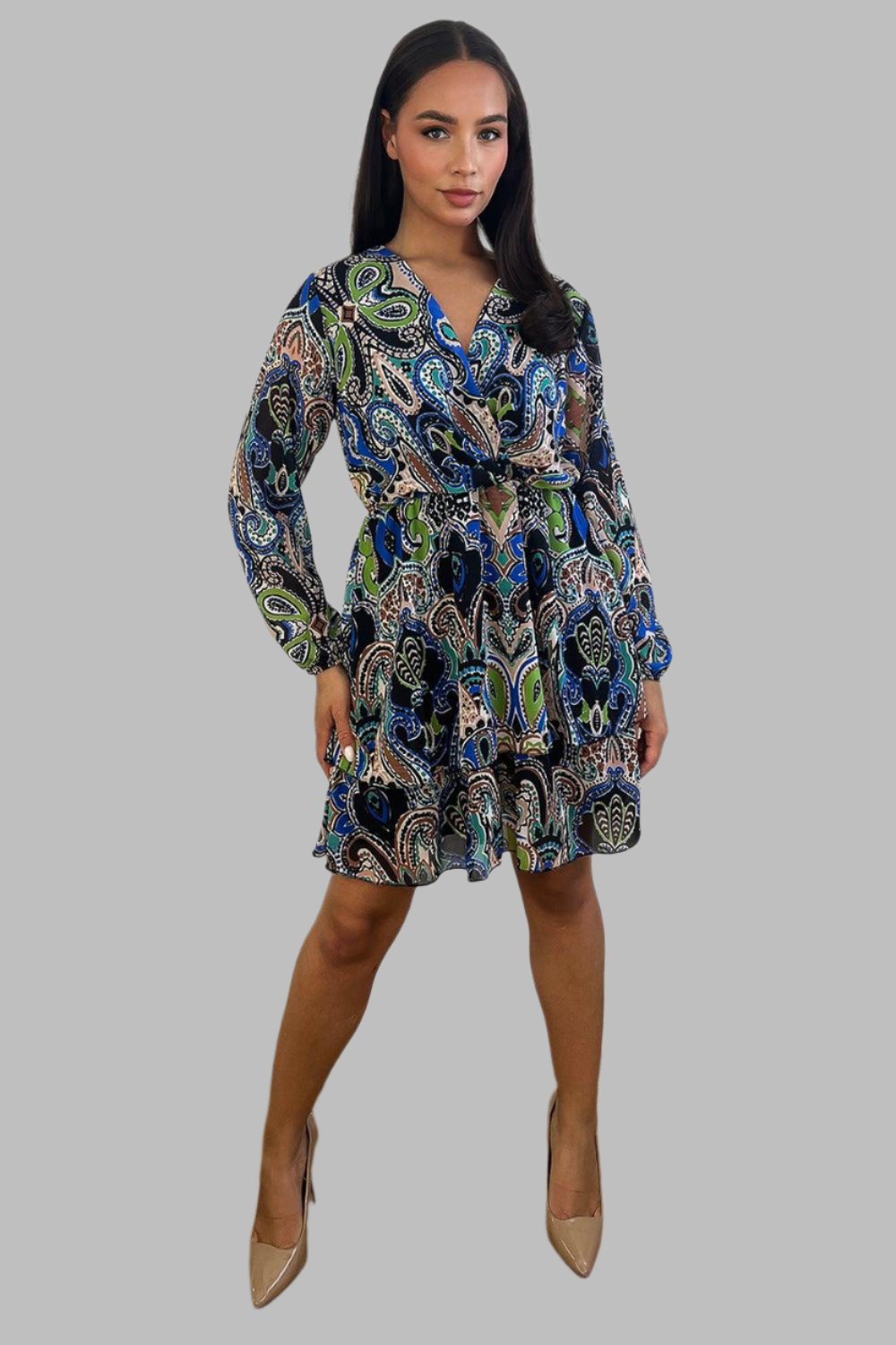 Paisley Print Fixed Wrap Layered Hem Dress-SinglePrice