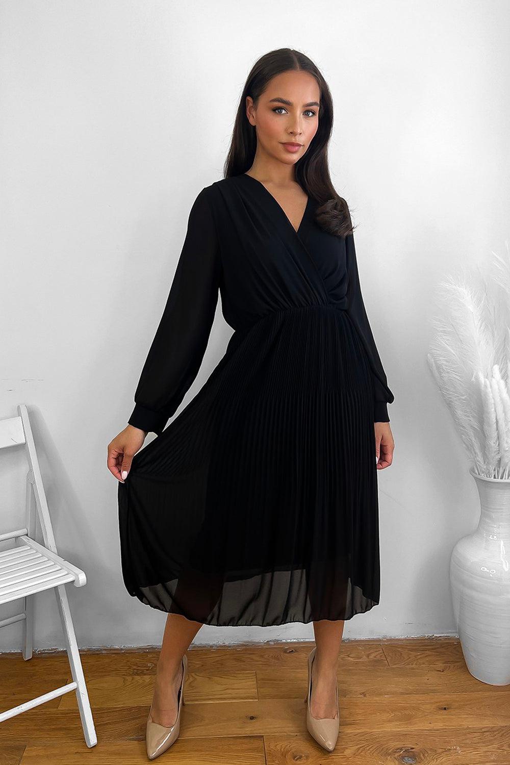 Black Pleated Chiffon Fixed Wrap Midi Dress-SinglePrice