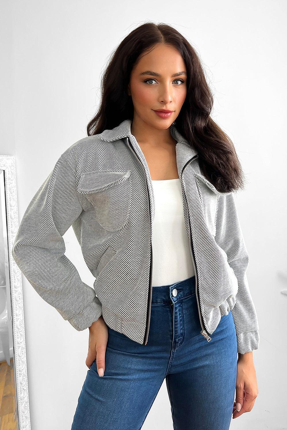 Flap Front Pockets Thick Fabric Bomber Jacket-SinglePrice
