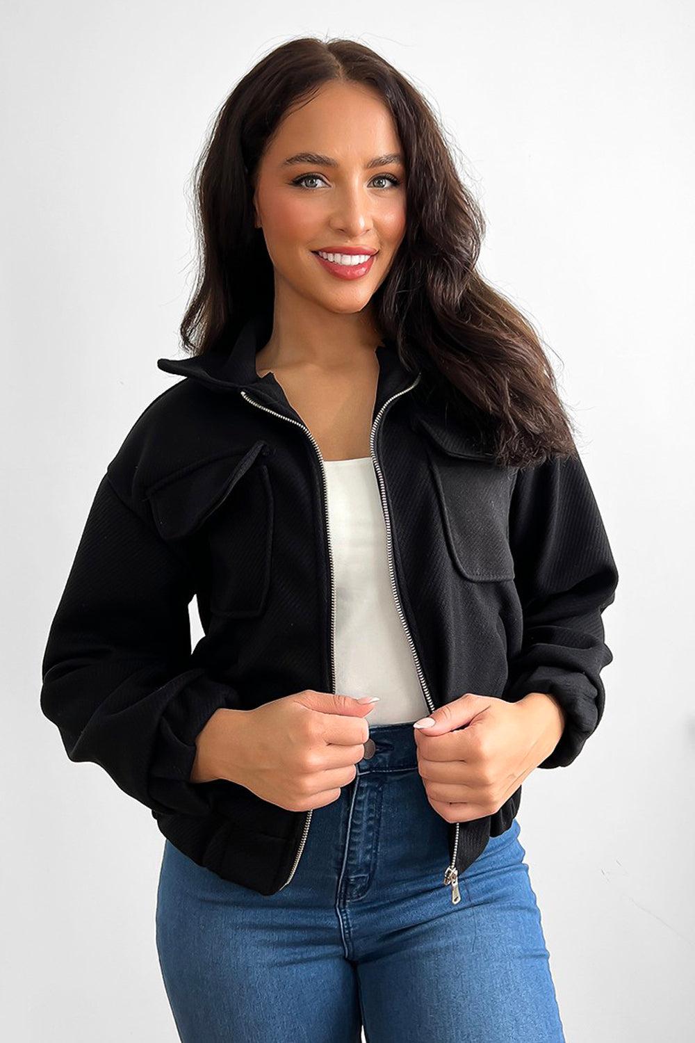 Flap Front Pockets Thick Fabric Bomber Jacket-SinglePrice