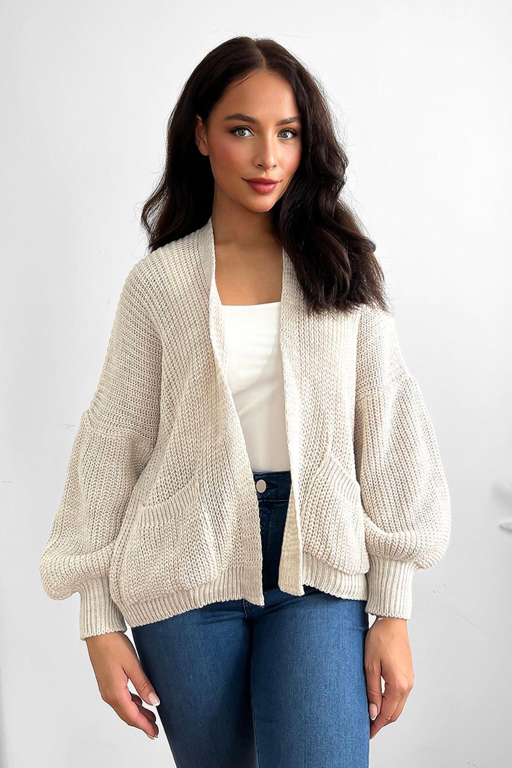 Fine Knit Side Pockets Open Front Cardigan-SinglePrice