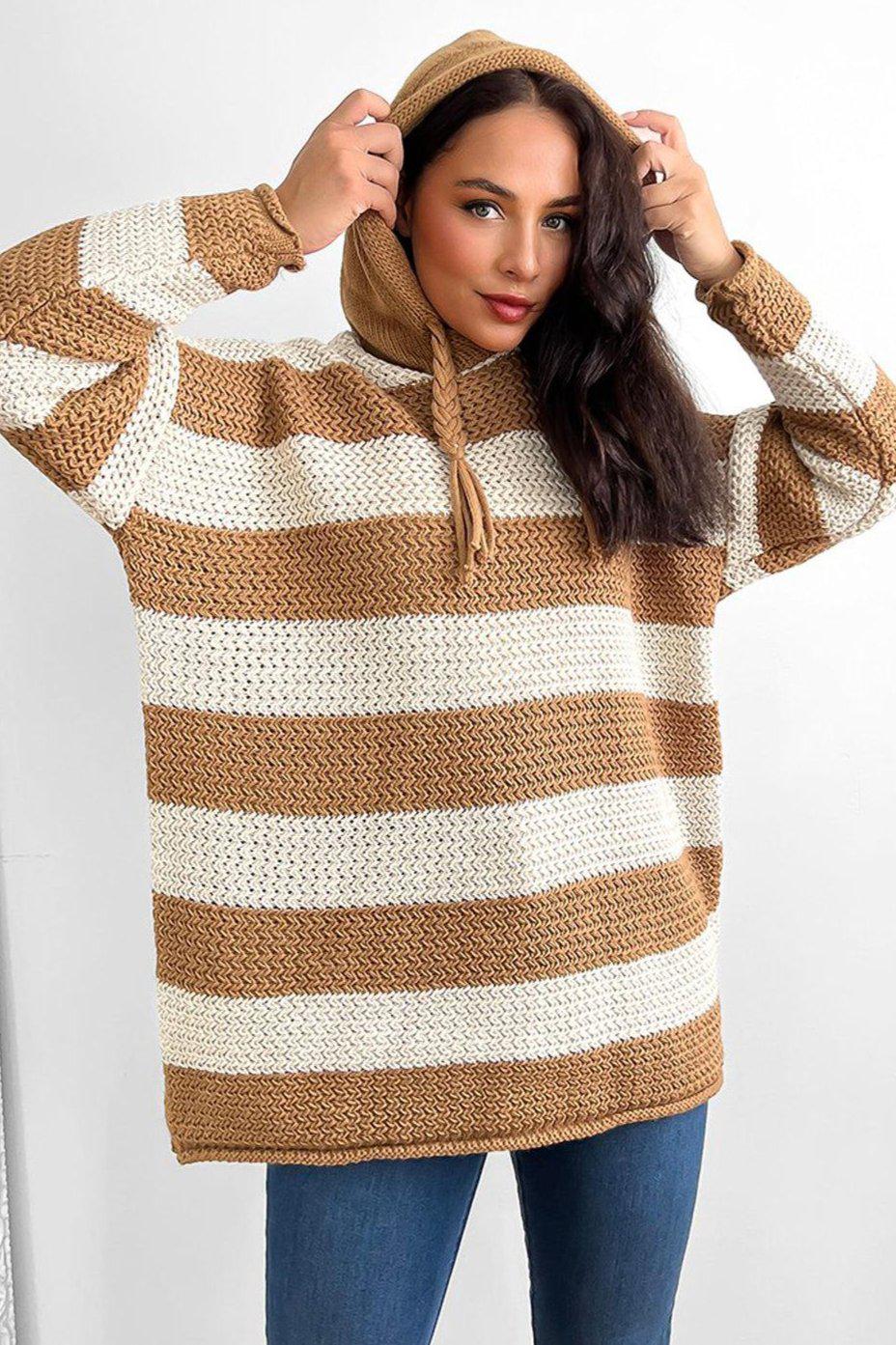 Large Stripes Pattern Hooded Pullover-SinglePrice