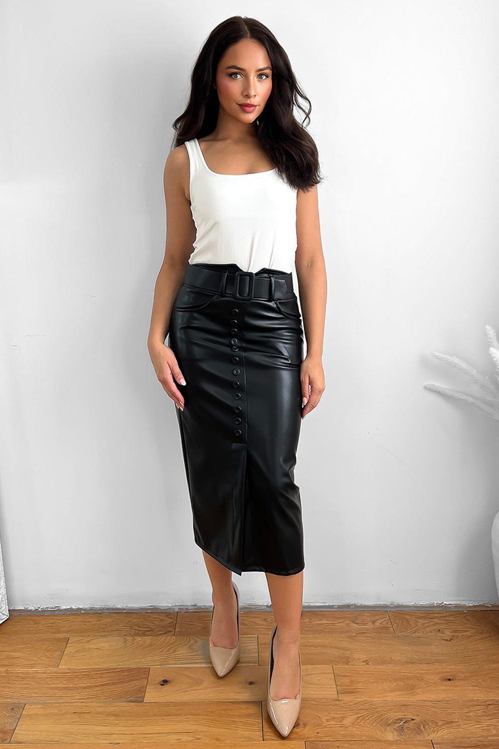 Buttoned Front Belted Vegan Leather Midi Skirts-SinglePrice