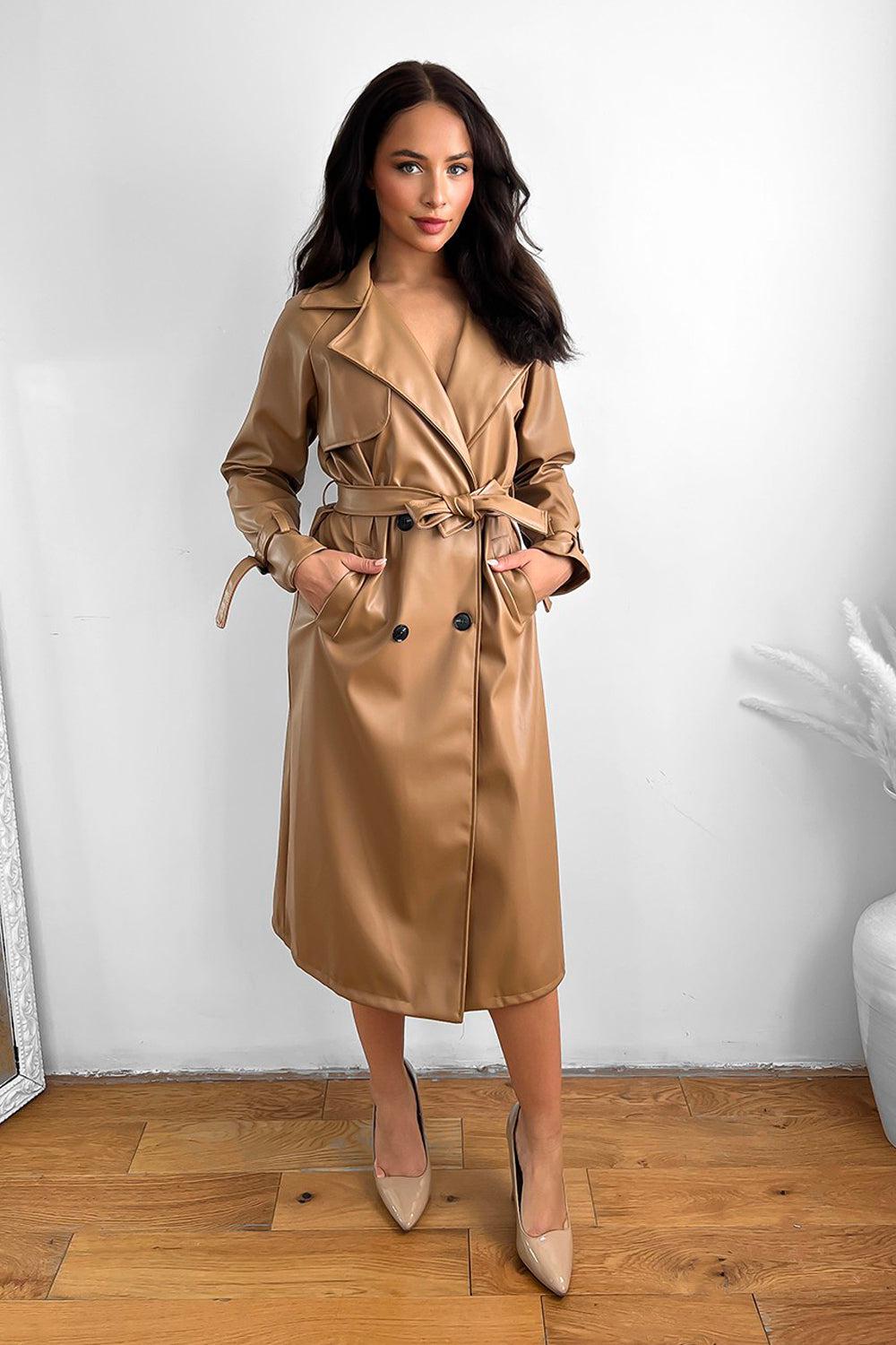 Vegan Leather Double Breasted Trench Coat-SinglePrice