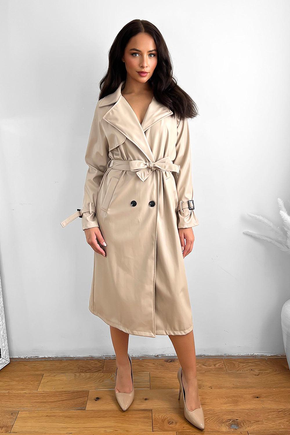 Vegan Leather Double Breasted Trench Coat-SinglePrice