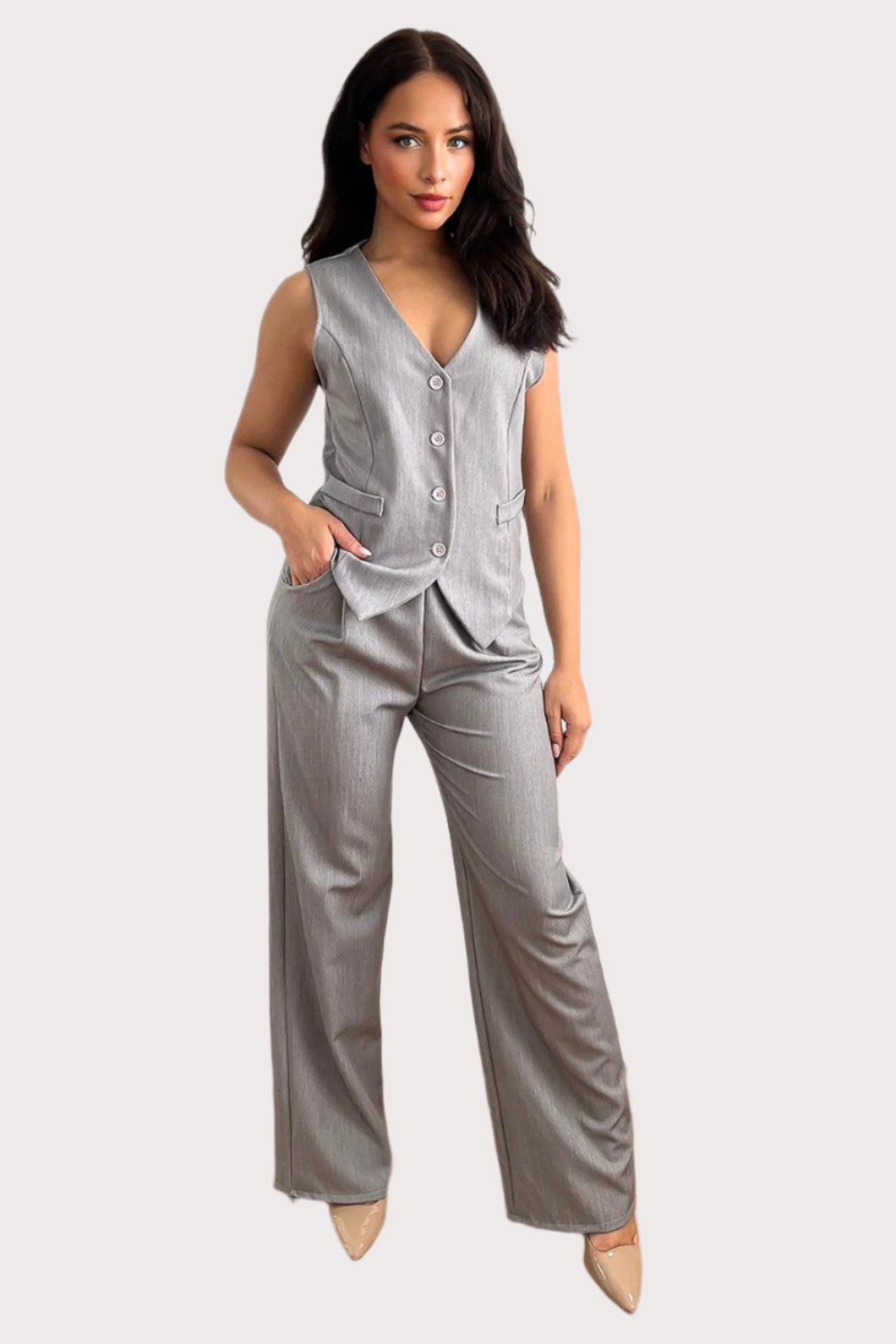 Waistcoat And High Waist Trousers Suit Set-SinglePrice