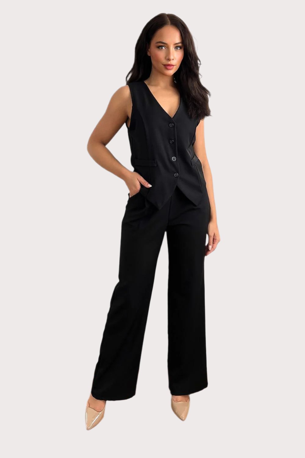 Waistcoat And High Waist Trousers Suit Set-SinglePrice