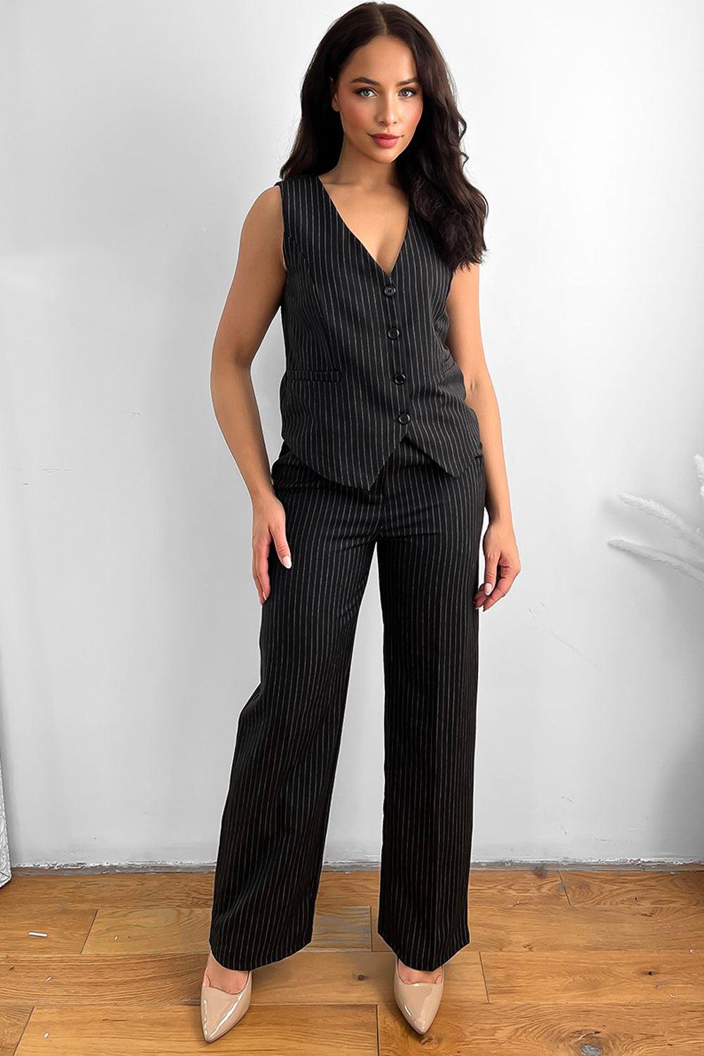 Pinstripe Waistcoat And Trousers Suit Set-SinglePrice