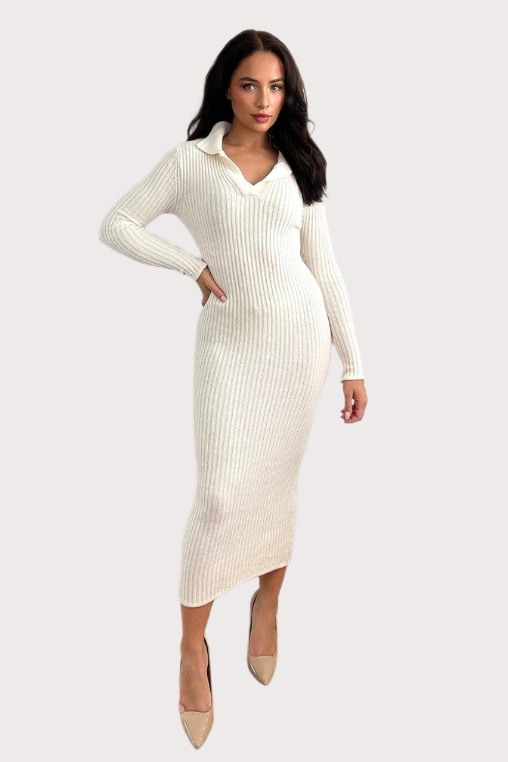 Large Collar Midaxi Knitted Dress-SinglePrice