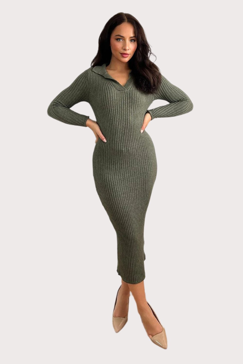 Large Collar Midaxi Knitted Dress-SinglePrice