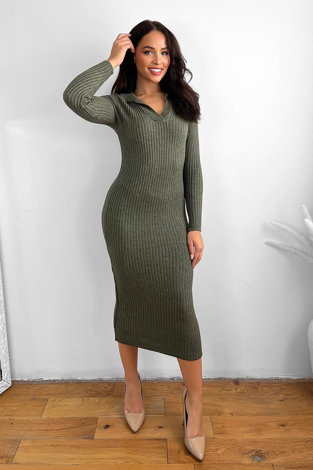 Large Collar Midaxi Knitted Dress-SinglePrice