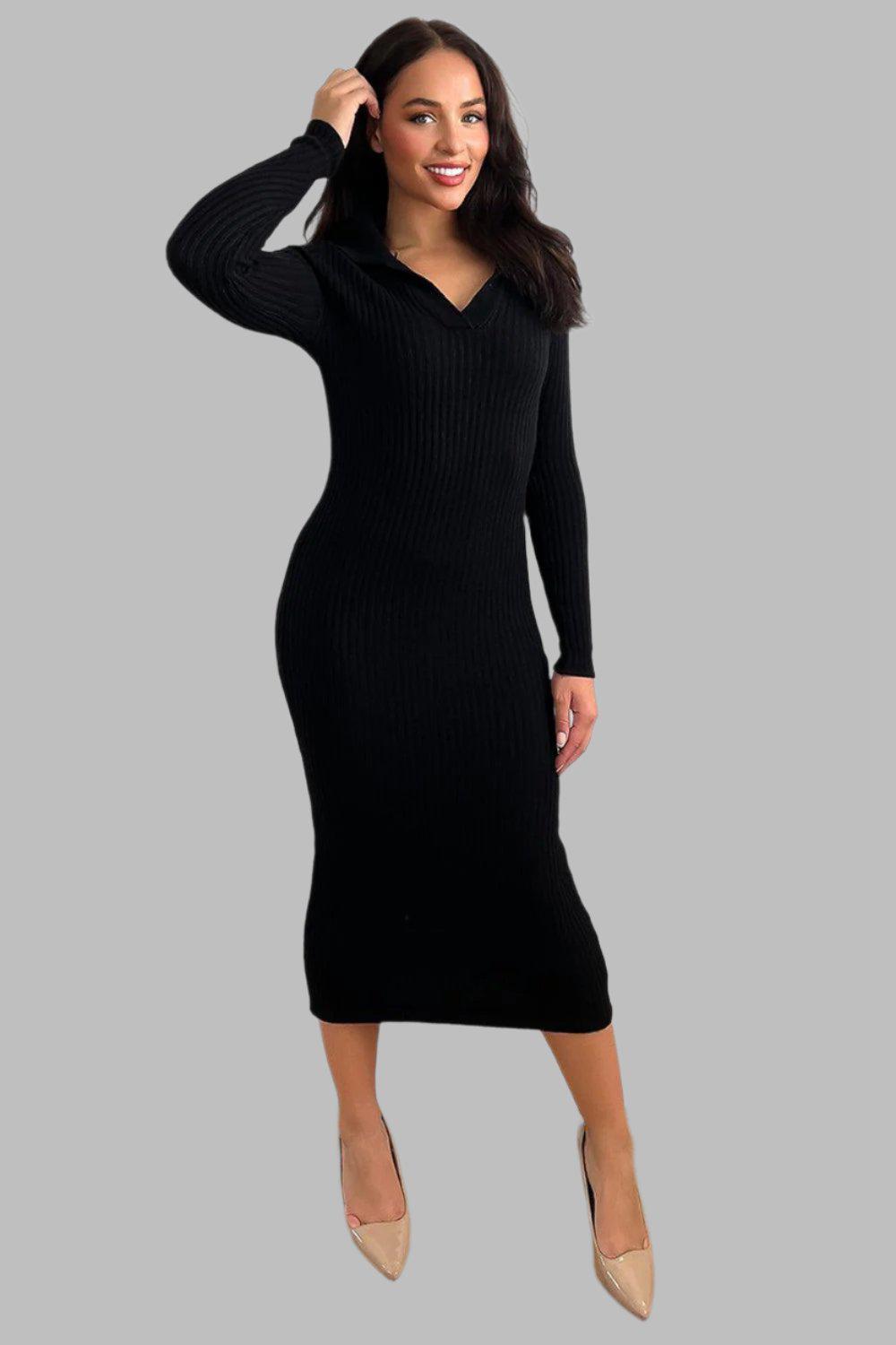 Large Collar Midaxi Knitted Dress-SinglePrice