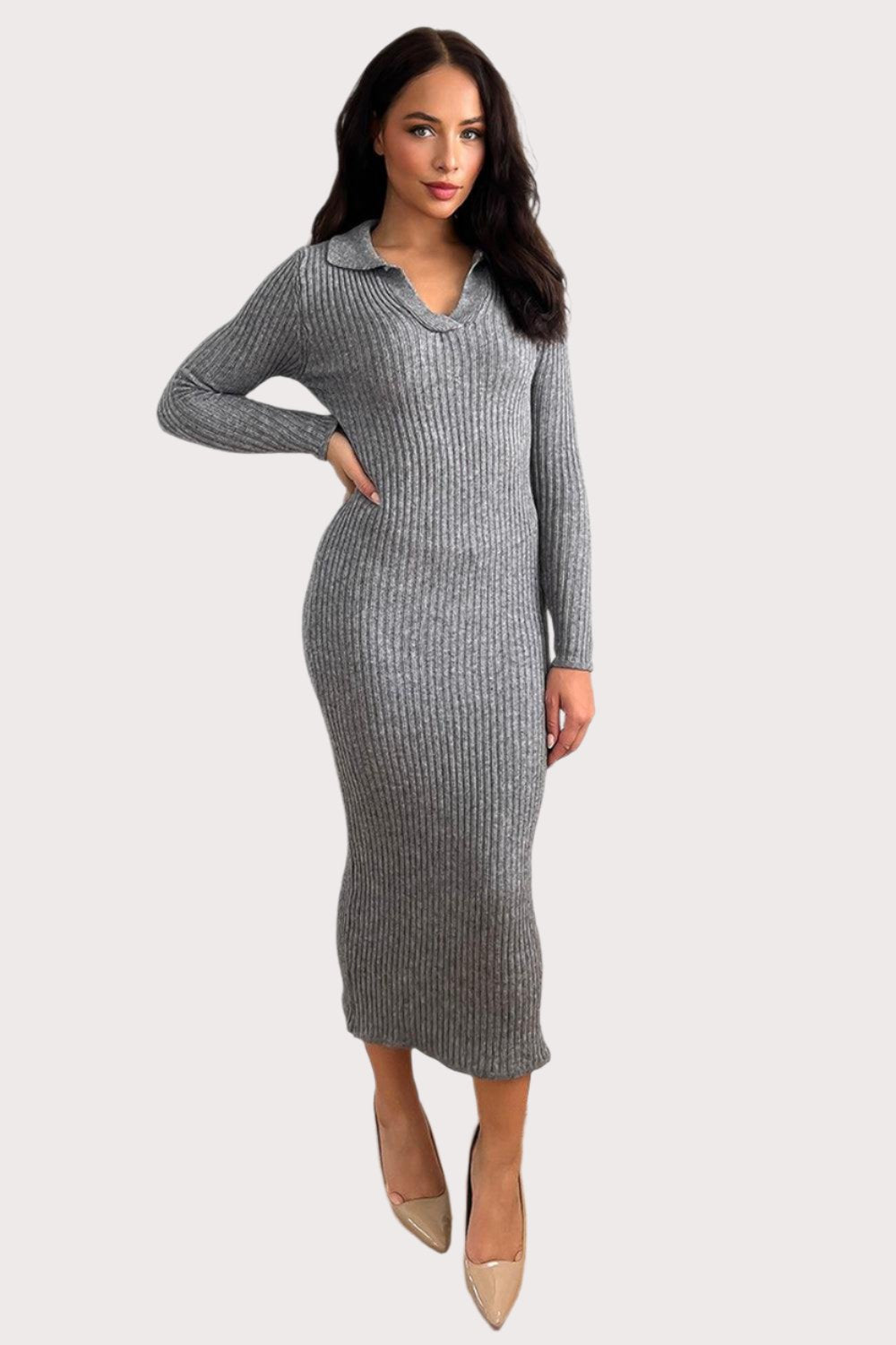 Large Collar Midaxi Knitted Dress-SinglePrice