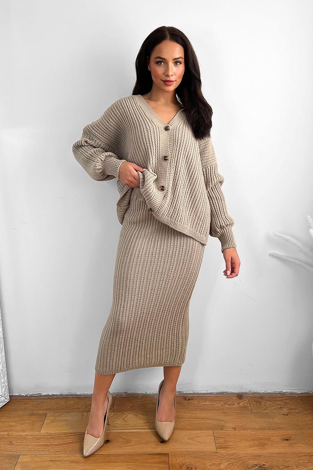 Knitted Midi Skirt And Slouch Cardigan Set-SinglePrice