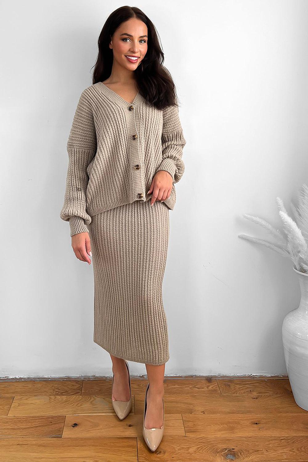 Knitted Midi Skirt And Slouch Cardigan Set-SinglePrice