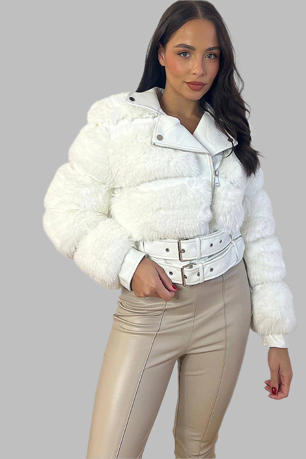 Faux Fur And Vegan Leather Double Belt Biker Jacket-SinglePrice