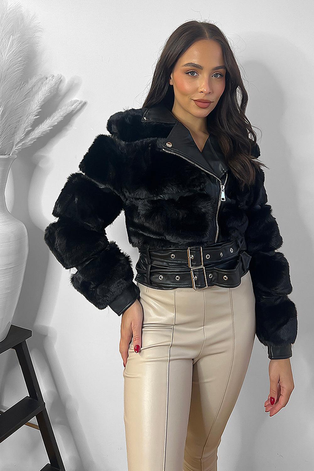 Faux Fur And Vegan Leather Double Belt Biker Jacket-SinglePrice