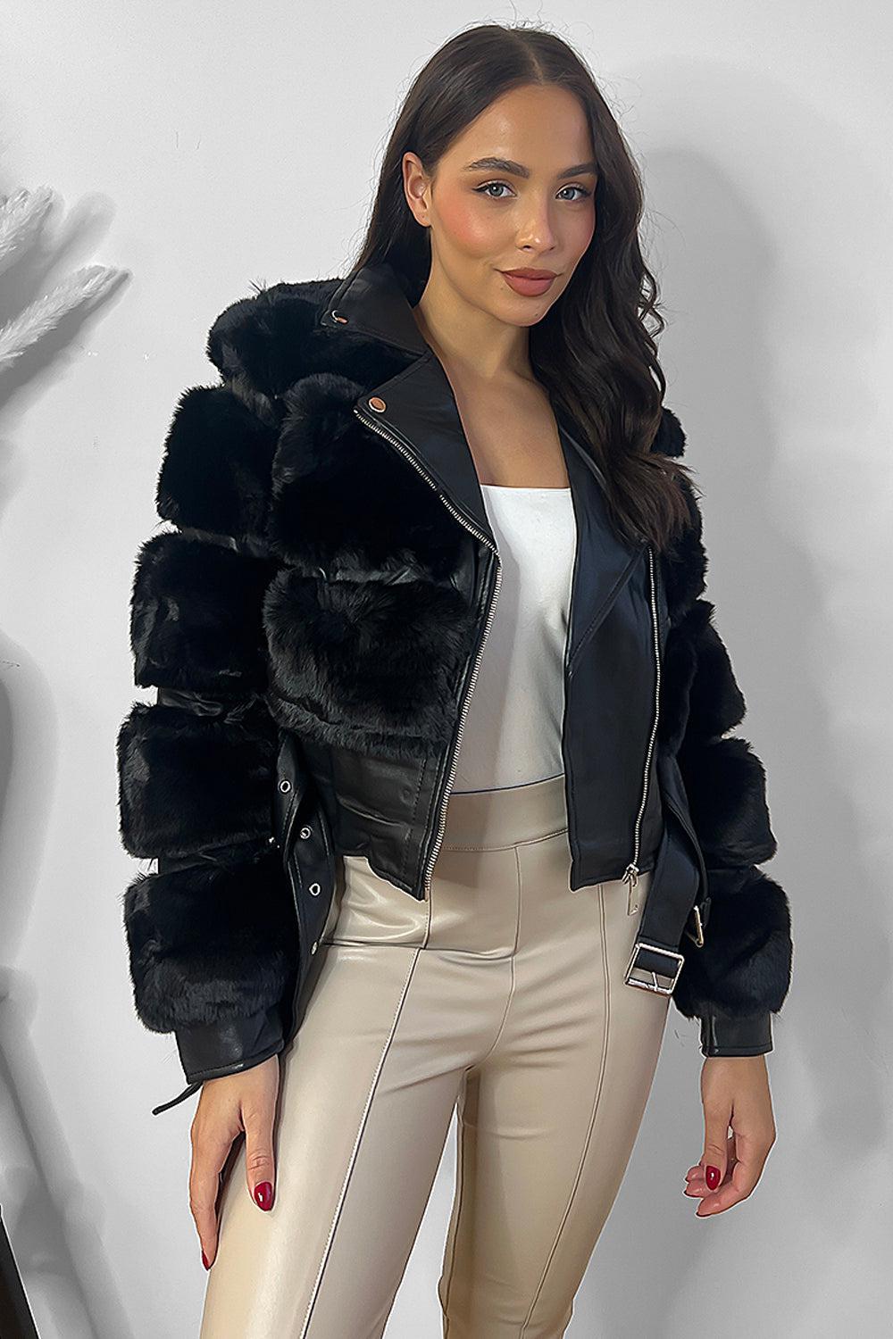 Faux Fur And Vegan Leather Double Belt Biker Jacket-SinglePrice