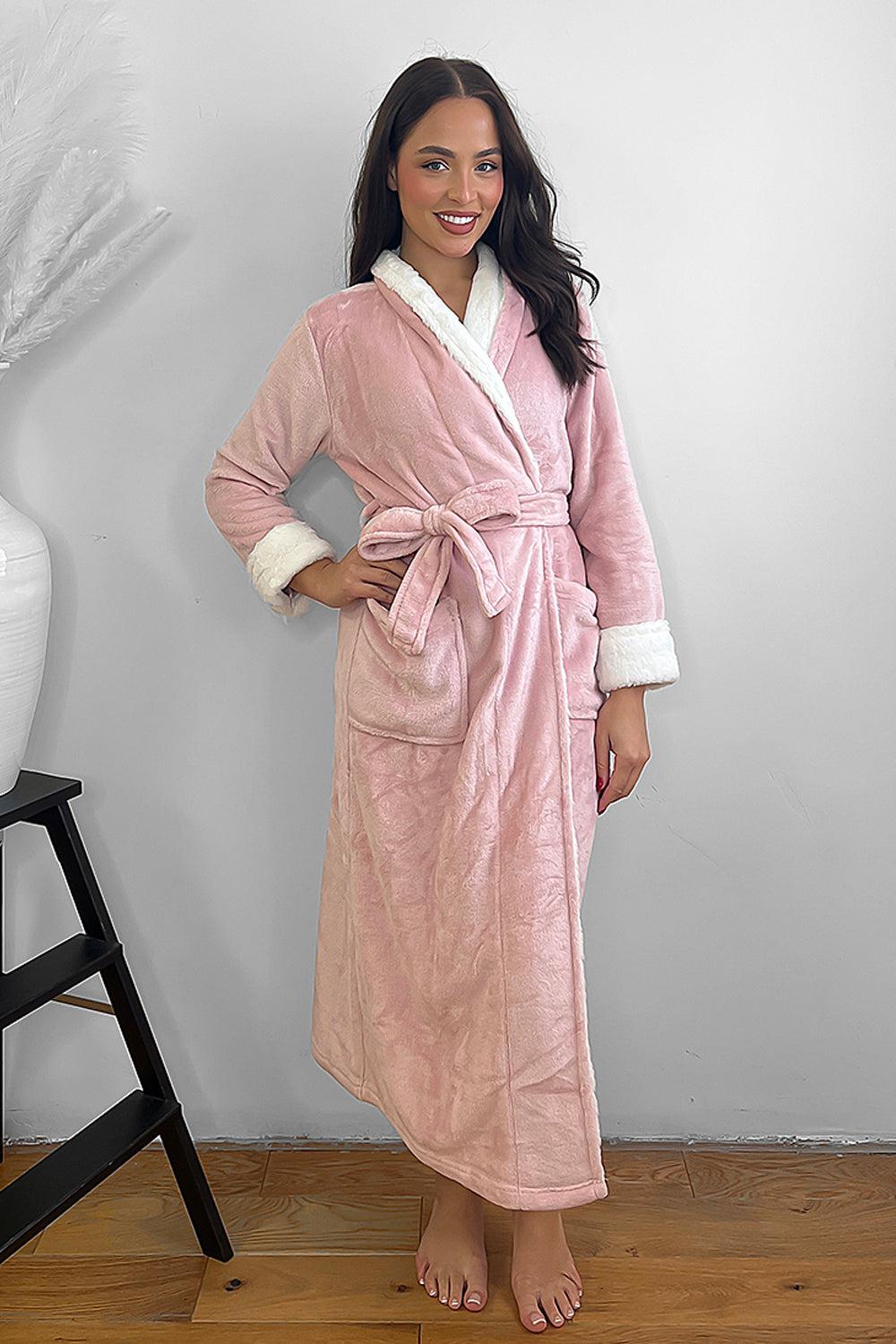 Pink White Lapel Super Soft House Gown-SinglePrice