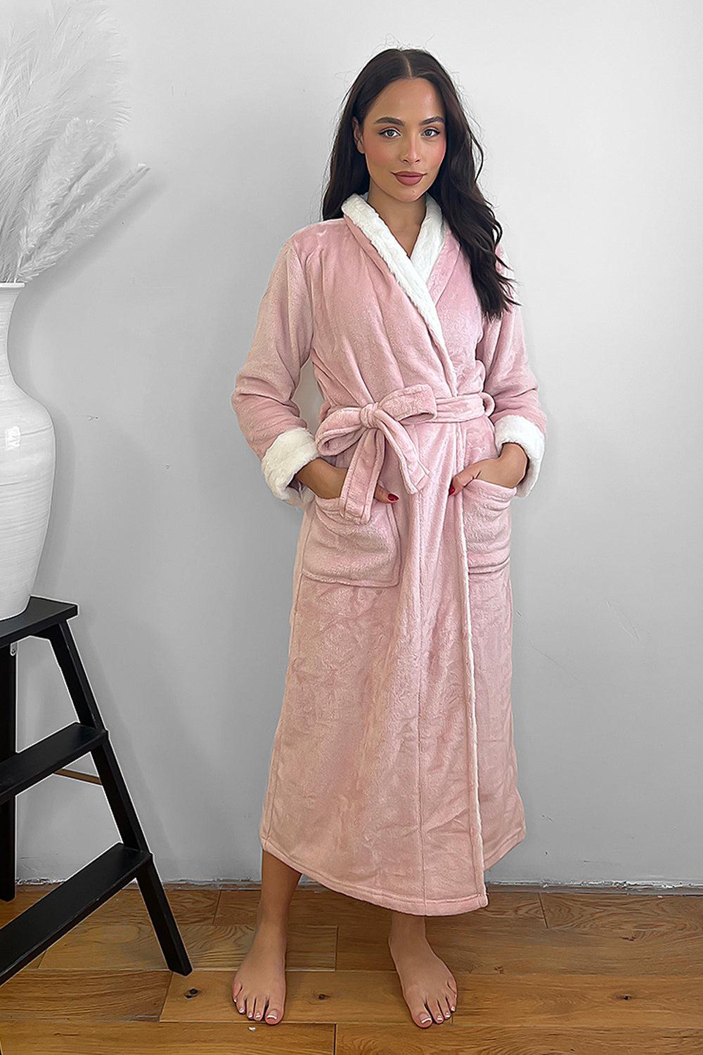 Pink White Lapel Super Soft House Gown-SinglePrice