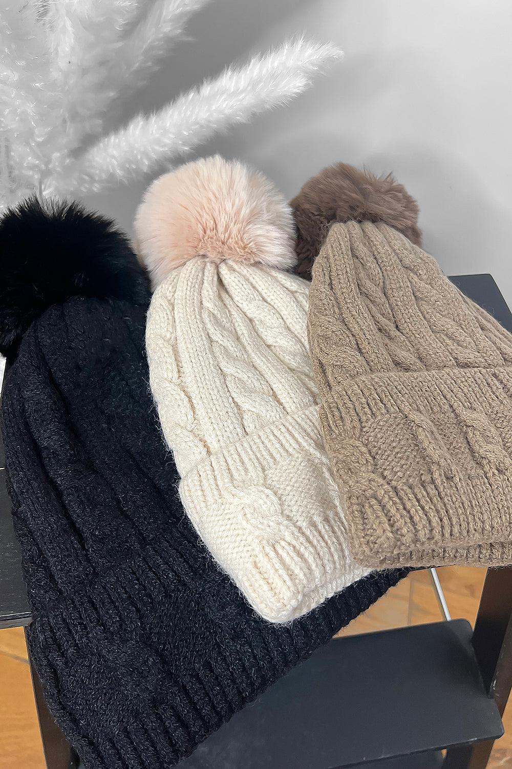 Detachable Faux Fur Pom Pom Knitted Beanie Hat-SinglePrice