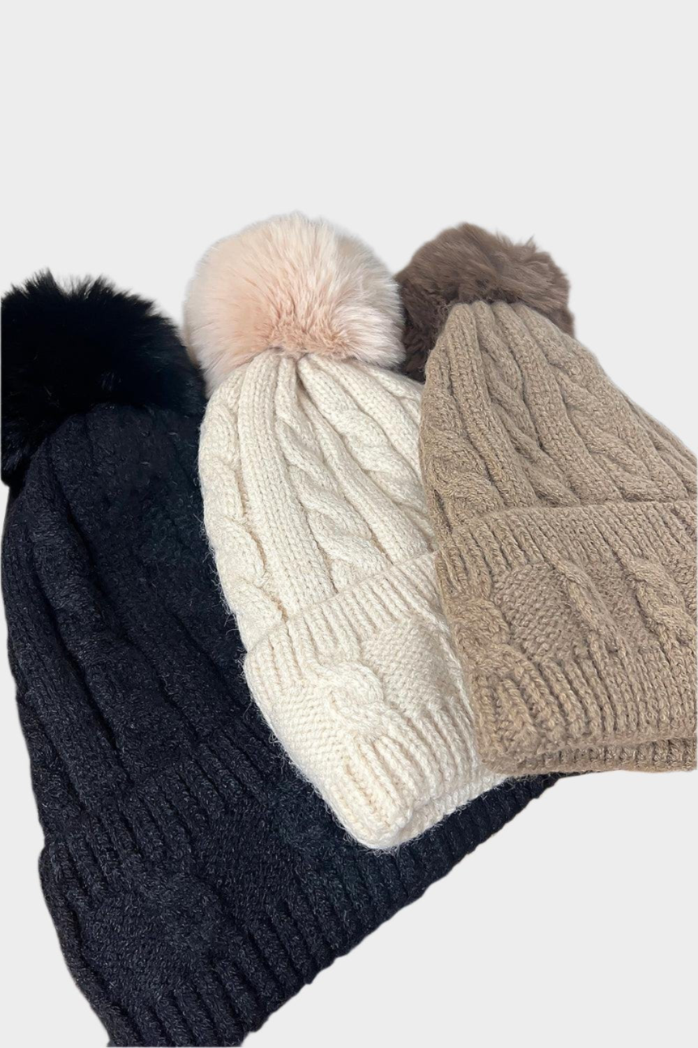 Detachable Faux Fur Pom Pom Knitted Beanie Hat-SinglePrice