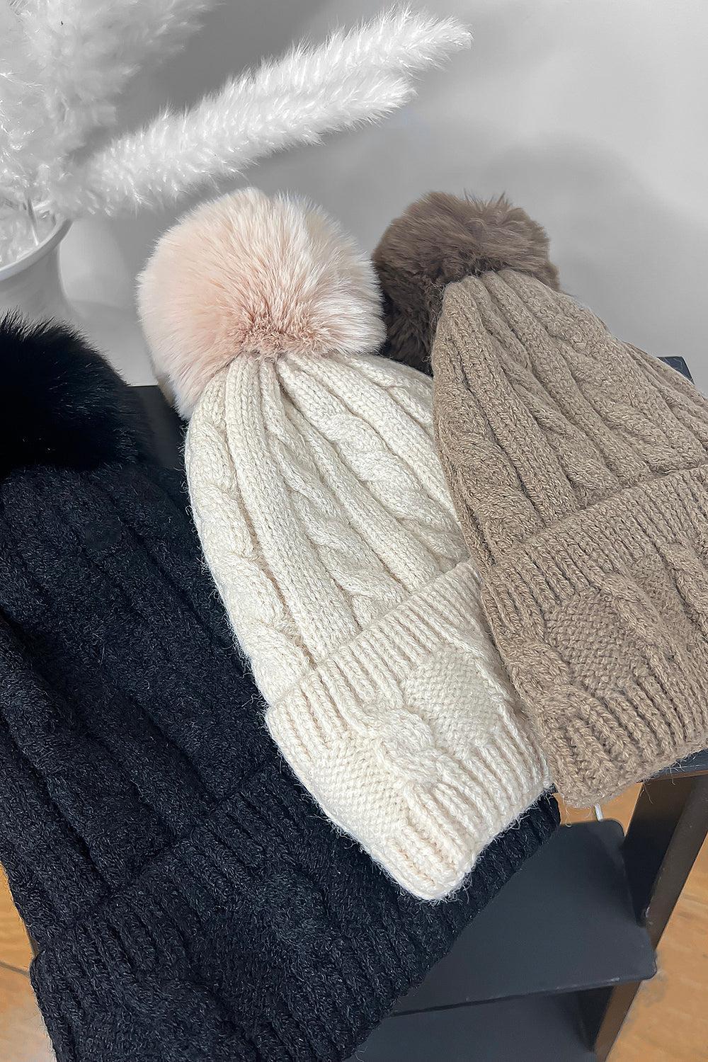 Detachable Faux Fur Pom Pom Knitted Beanie Hat-SinglePrice