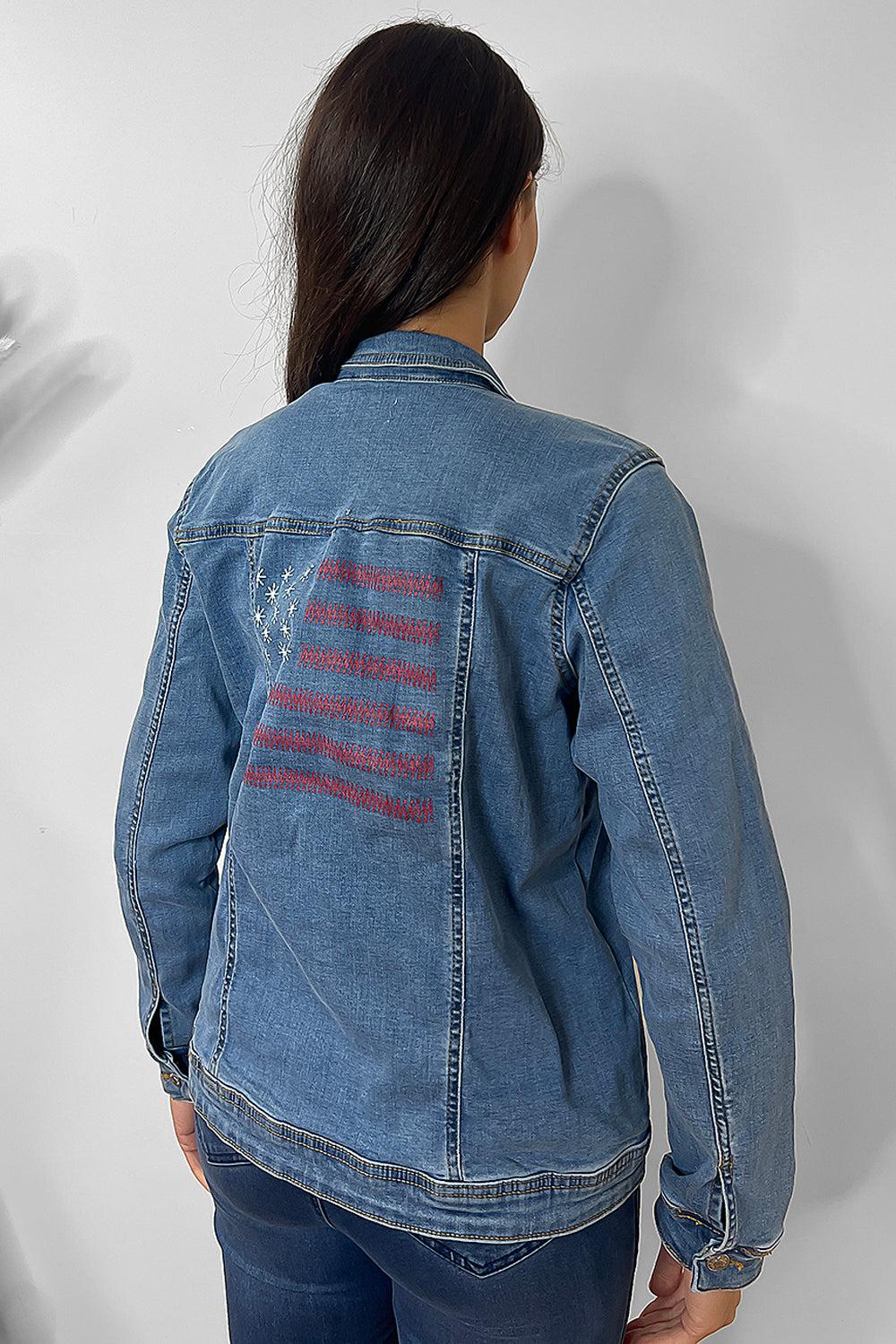 Denim Blue Embroidered Denim Jacket-SinglePrice