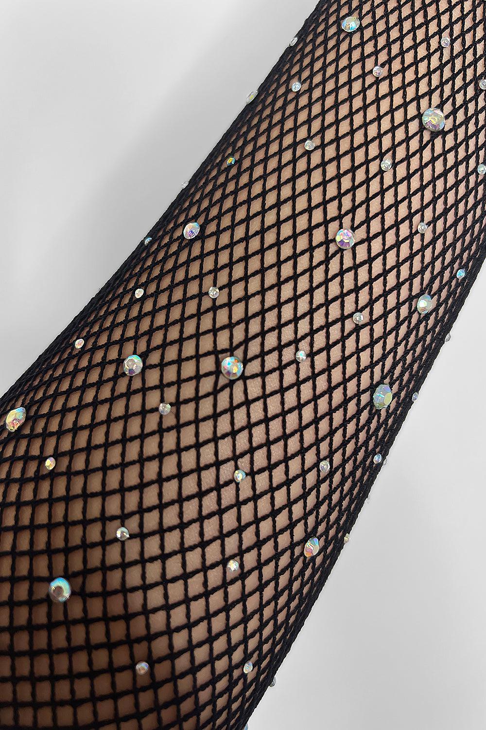 Black Rhinestones Embellished Small Fishnet Tights-SinglePrice