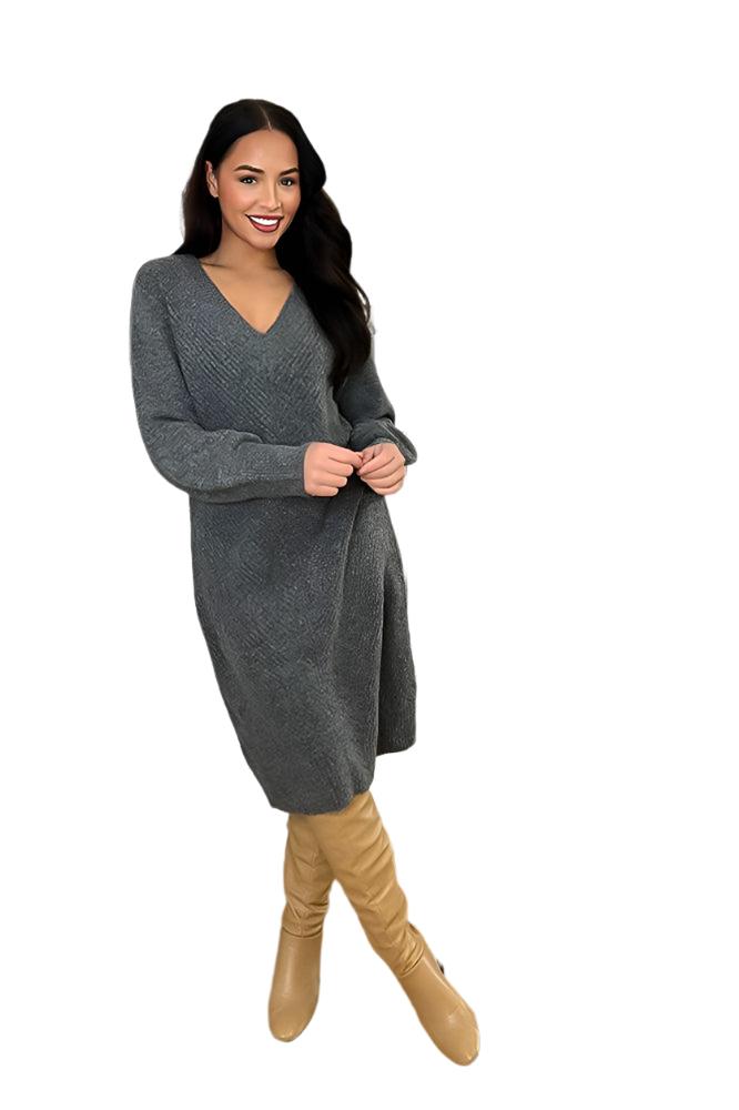 Deep V-Neck Knitted Jumper Dress-SinglePrice