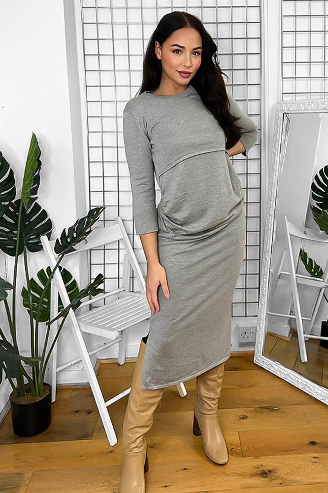 Maternity Grey Side Splits Flat Knit Maxi Dress-SinglePrice
