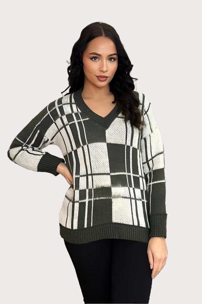 Window Plane Check Knitted V-Neck Pullover-SinglePrice