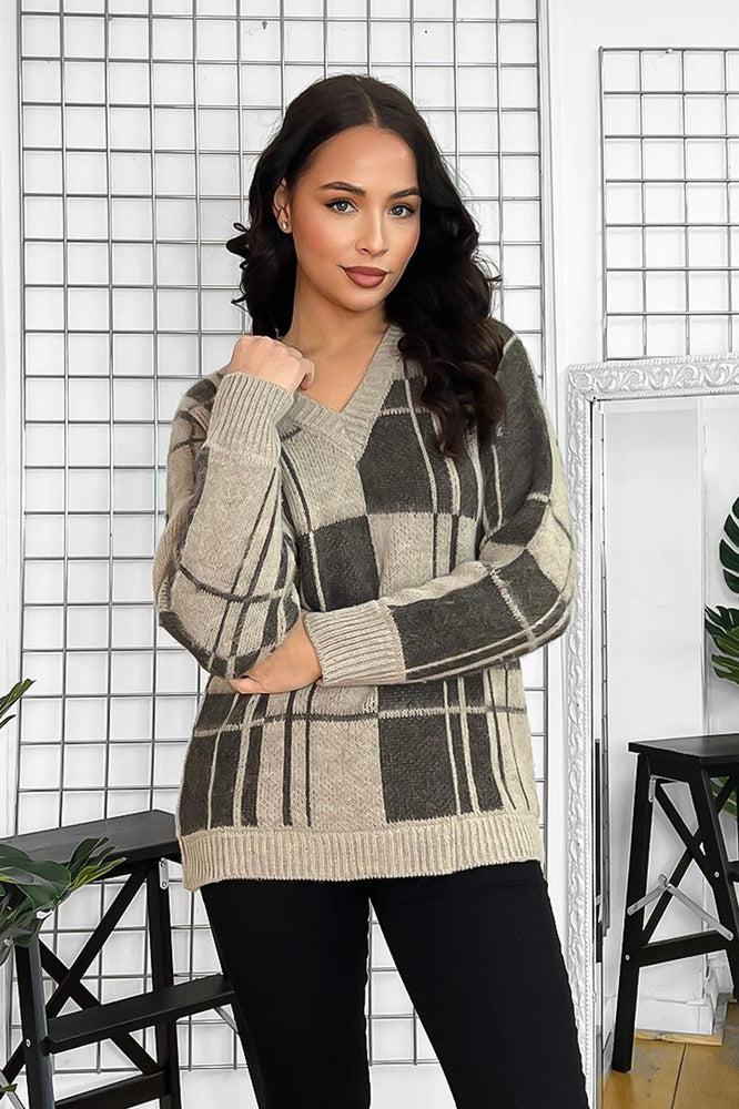 Window Plane Check Knitted V-Neck Pullover-SinglePrice