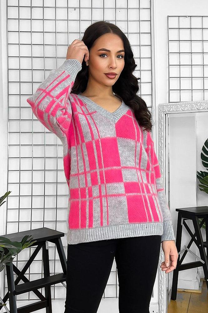 Window Plane Check Knitted V-Neck Pullover-SinglePrice